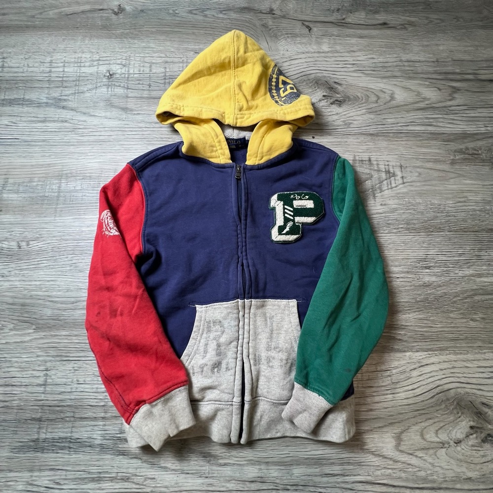 Polo Ralph Lauren Hoodie Boys 7 Multicolor Colorblock Varsity Chenille Patch Zip